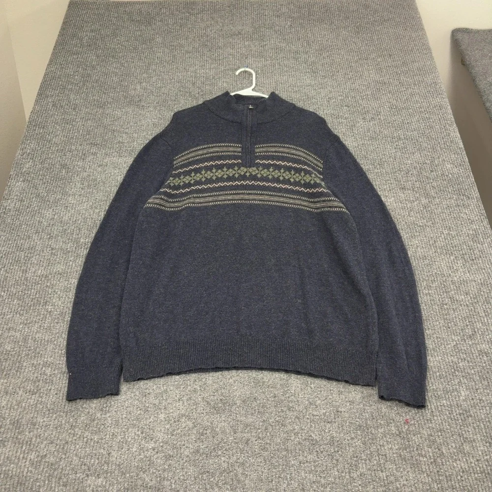 Banana Republic Sweater Men XL Blue Cotton Blend Fair Isle Quarter Zip Mock Neck